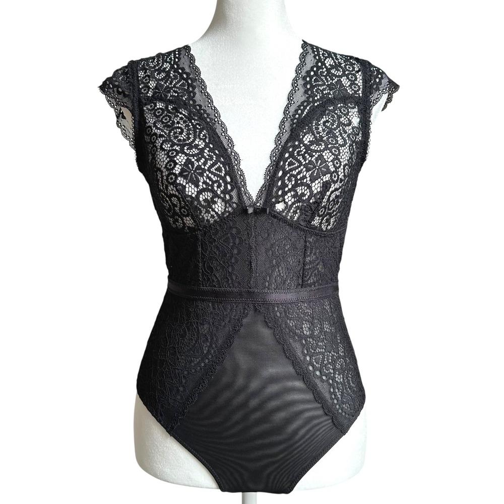 Sophie B Black Lace Plunge Bodysuit Mesh Teddy Lingerie Whimsygoth Dark Romance